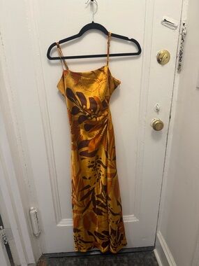 House of Harlow Golden Yellow Satin Slip Dress with Tropical Print